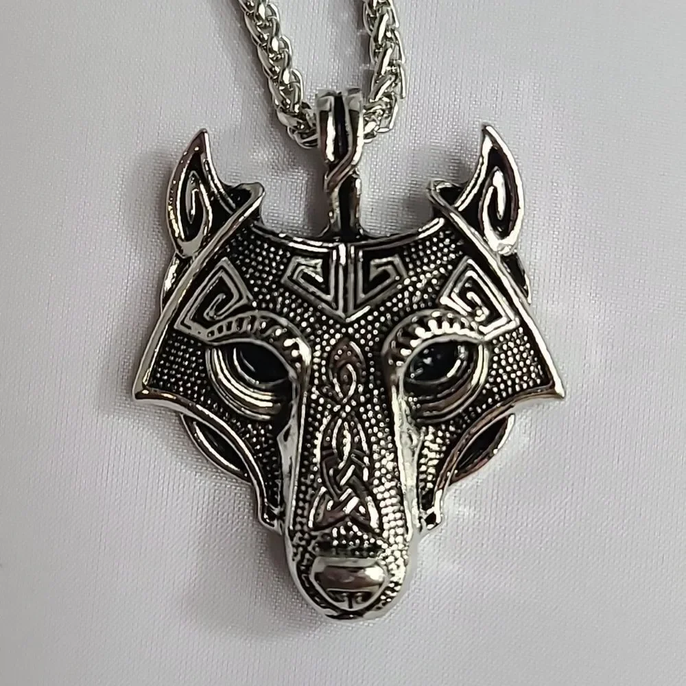 Nordic Viking Fenrir Wolf Head Stainless Steel Pendant Men's Necklace Norse NEW